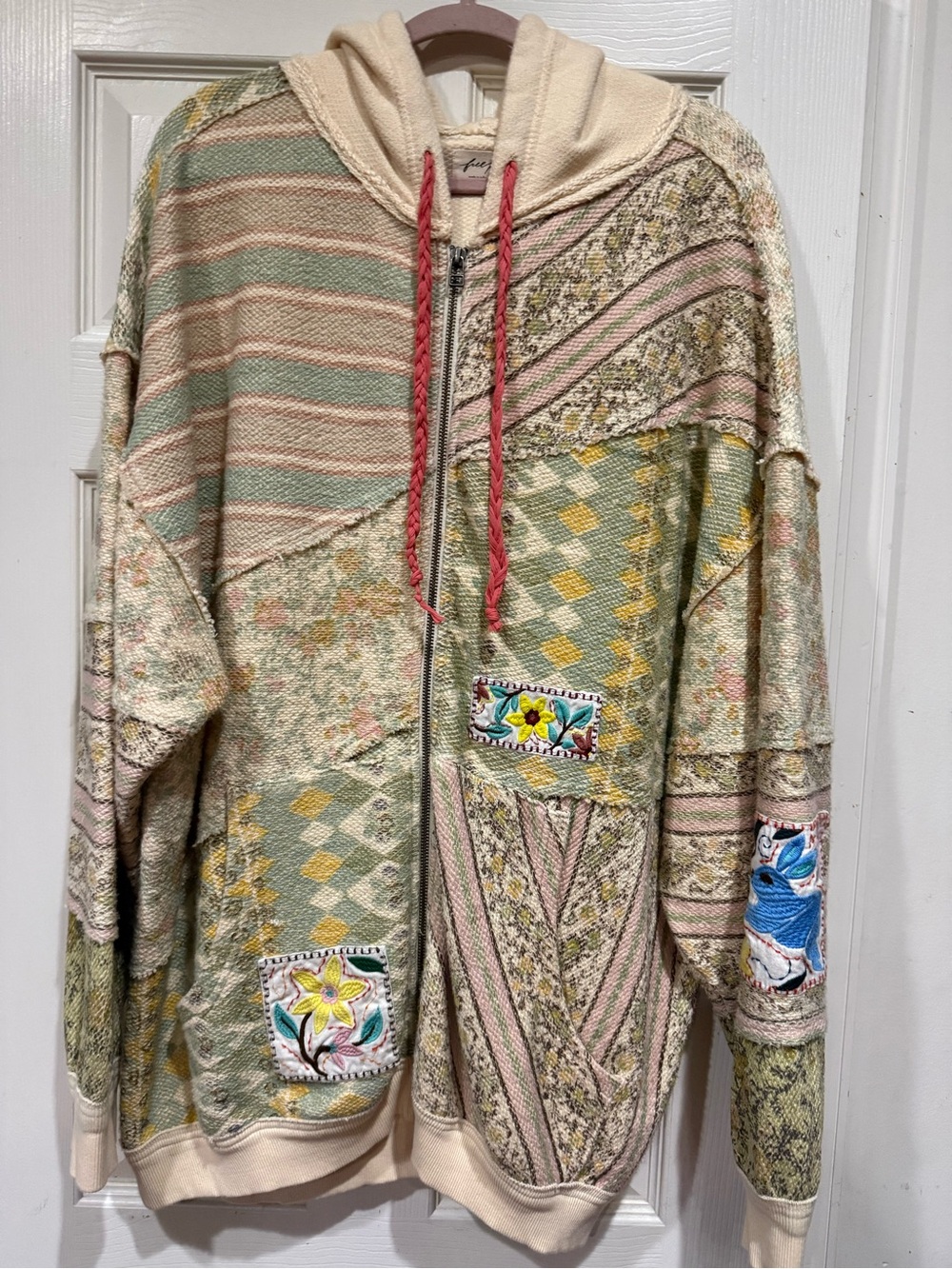 Patchwork Hooded Bomber Jacket in Pastel Green and Cream